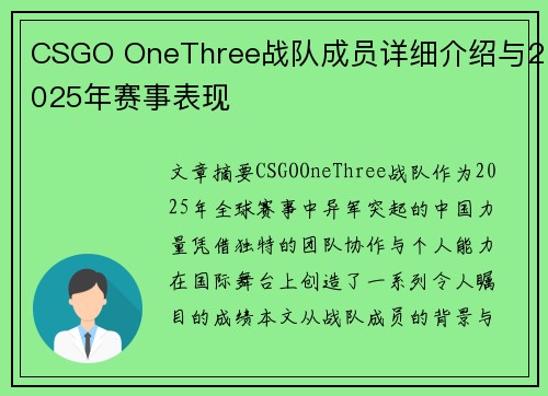 CSGO OneThree战队成员详细介绍与2025年赛事表现